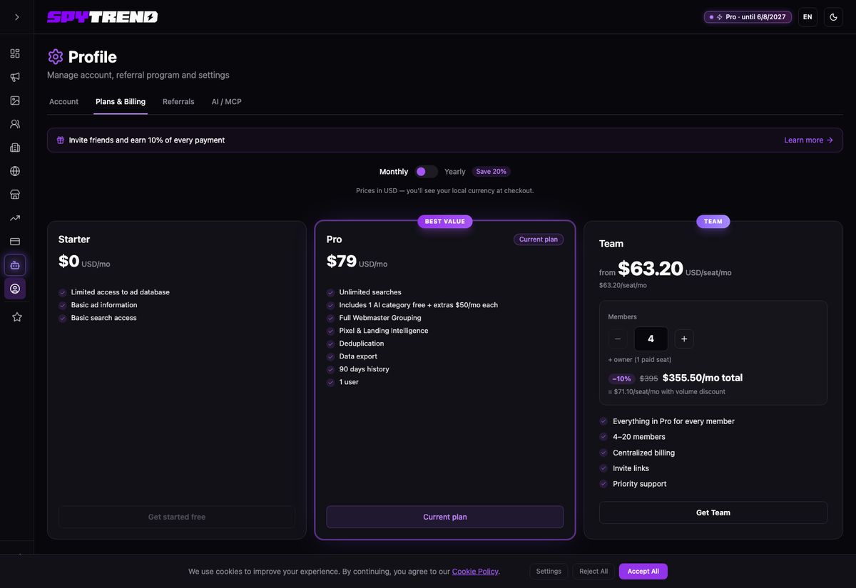 The plans screen in the SpyTrend dashboard: Starter at $0, Pro at $79 a month marked “current plan”, Team from $63.20 per seat, and the block for adding AI categories at $50 each