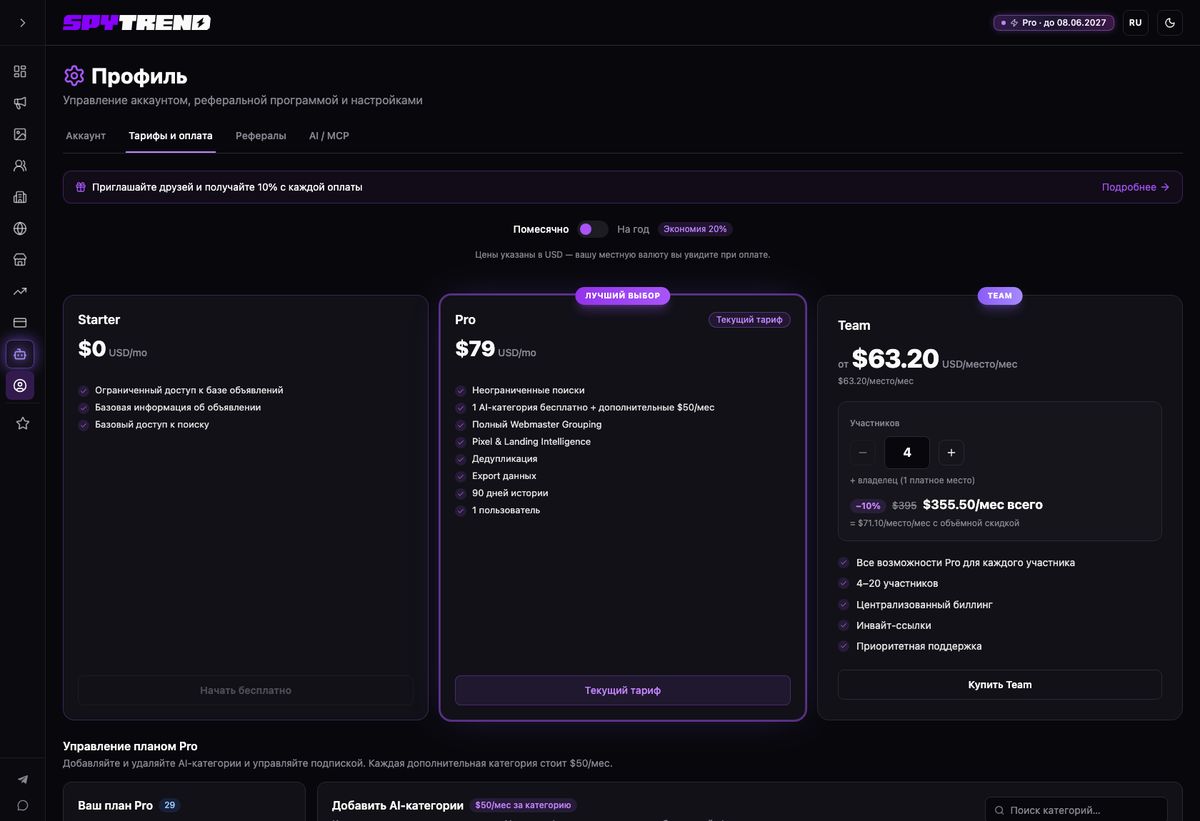 Экран тарифов в кабинете SpyTrend: Starter $0, Pro $79 в месяц с пометкой «текущий тариф», Team от $63.20 за место и блок подключения AI-категорий по $50